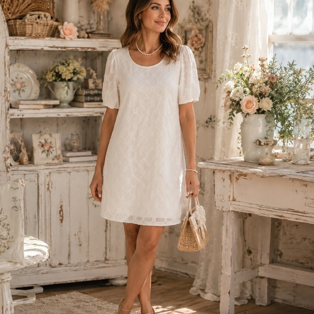 Susan Graver Special Ocassion White Embroidered Below The Knee Dress Size PS